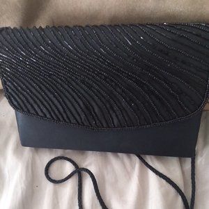 Black Beaded Satin Mini Evening Bag | 8"x 6"